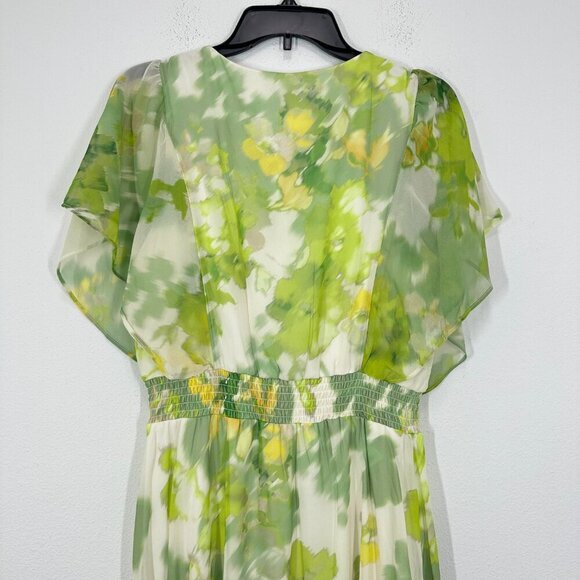 DKNY Women's Size 12 Green Yellow Floral Sheer Overlay V Neck Midi Dress Wedding - Picture 5 of 11